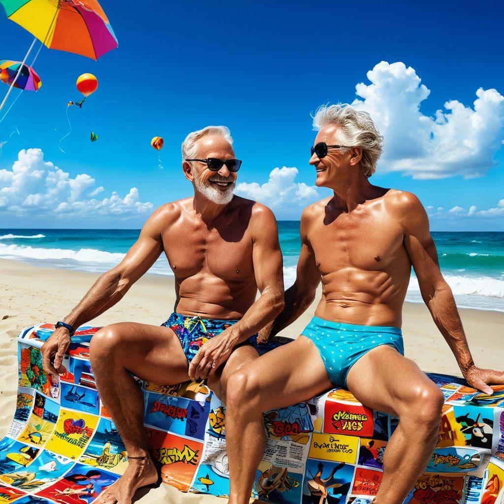 A captivating scene featuring a mature couple enjoying a sunny beach day, with colorful comic book-style swimwear designs on display. The background includes whimsical waves shaped like comic book panels, and the sky filled with playful thought bubbles showcasing various desires and dreams. Emphasize vibrant colors and dynamic poses to convey allure and excitement. Incorporate elements of both comic art and fashion photography. super-realistic. vibrant colors. white background.